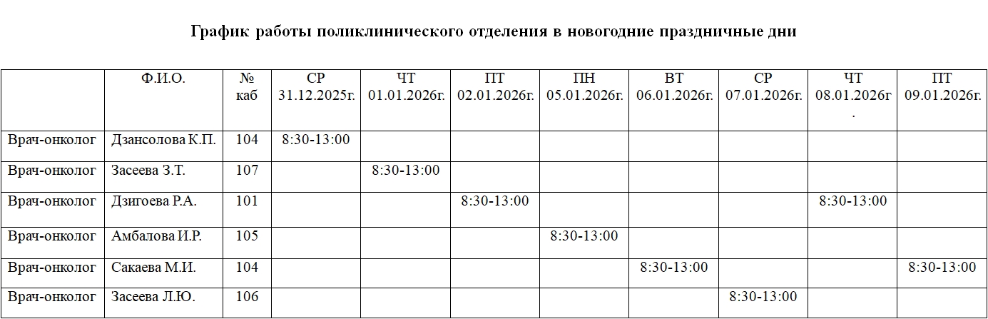 График работы в новогодние праздничные дни